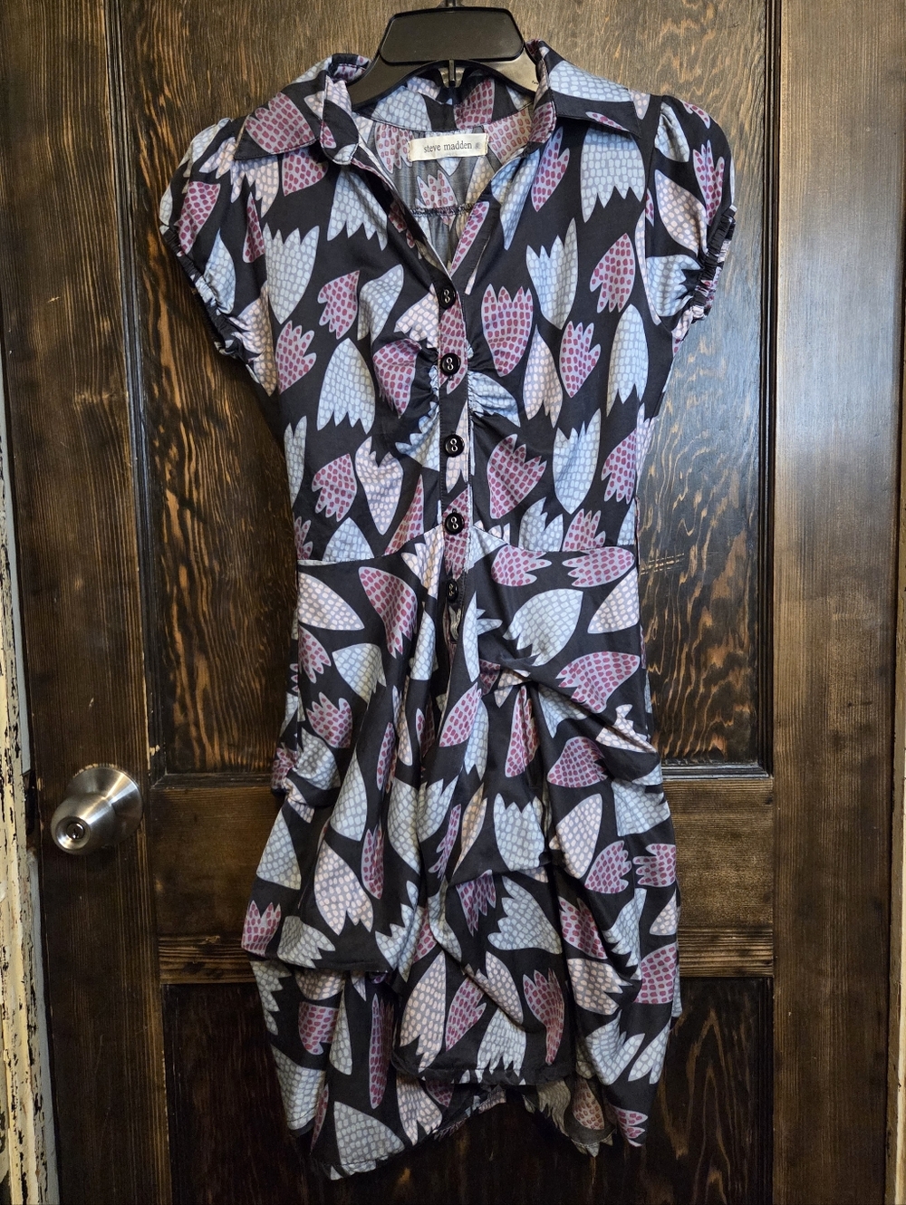Vntg 2000s Steve Madden Abstract Geometric Ruched Ruffled Petal Print Mini Dress